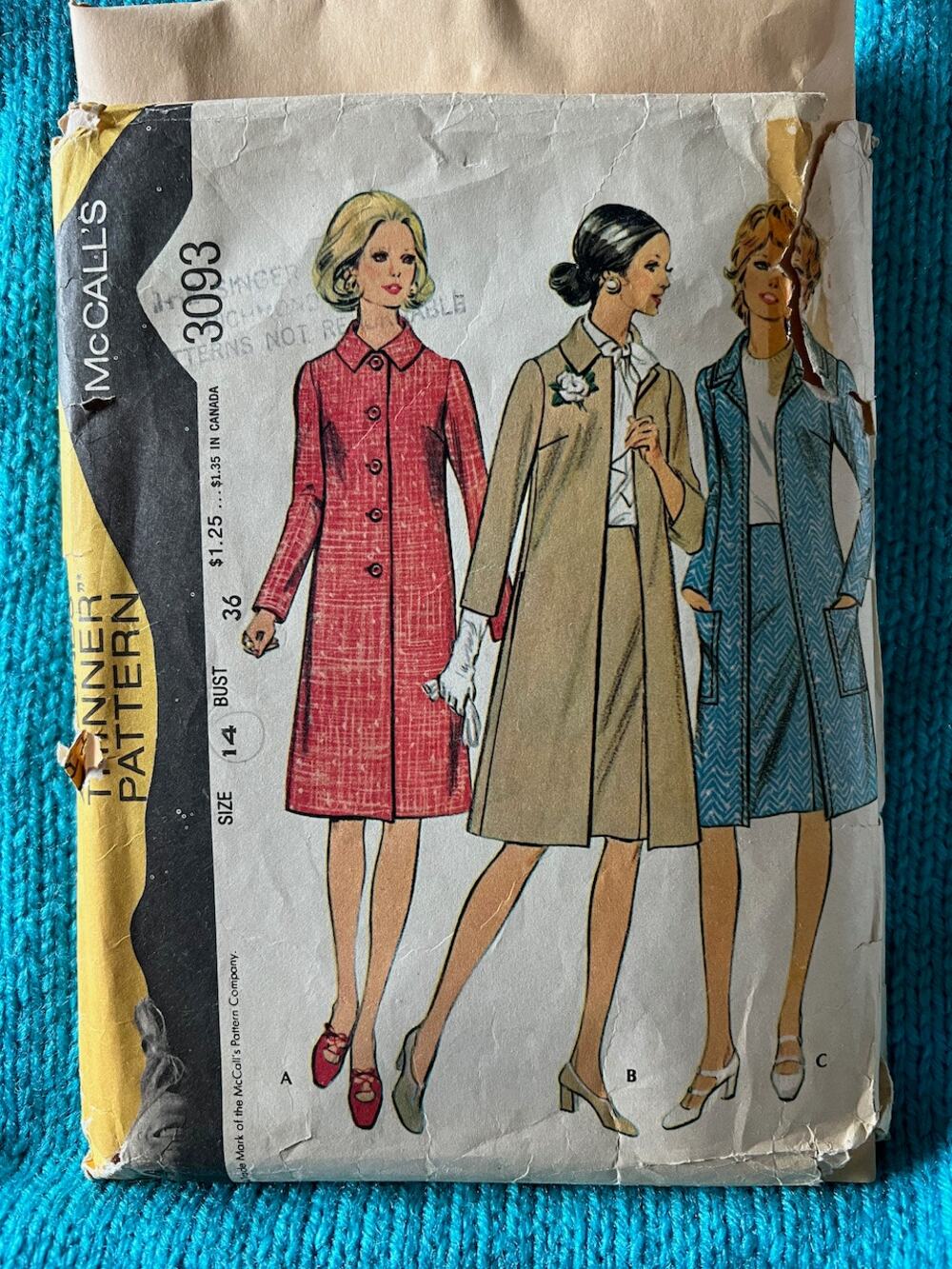 McCalls Sewing pattern 3093 Trench overcoat 1970s Size 14